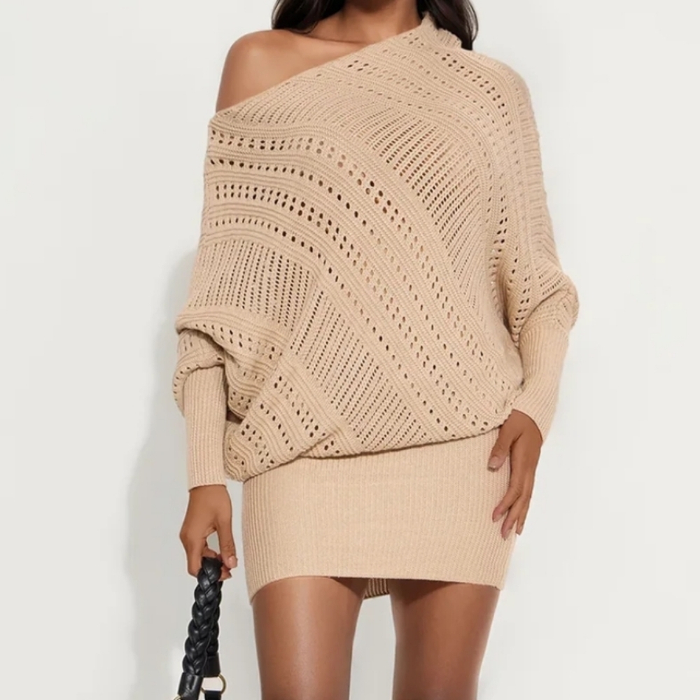 Elegant Off-Shoulder Beige Sweater Dress